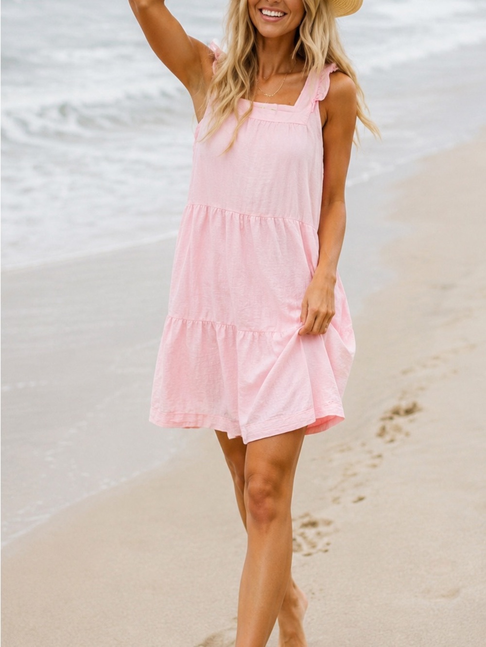 Roolee Women’s Pink Tiered Swim Cover Up Sun Dress 100% Cotton size Small